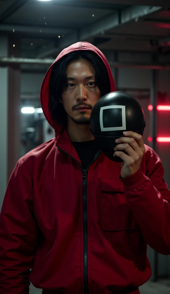 A cinematic close-up of a man dressed as a high-ranking guard from Squid Game, wearing the iconic red jumpsuit unzipped slightly at the top with hood. In one hand, he holds the black mask featuring a white square symbol, revealing his face, which closely resembles actor Keanu Reeves. His expression is calm yet intense, with his signature long dark hair falling loosely around his face and a light stubble accentuating his features. The background is dimly lit, with a cold, industrial vibe—metal walls, pipes, and faint red light casting eerie shadows. The mask in his hand catches a faint glimmer, emphasizing its geometric design and the ominous role it represents. Dust particles float in the air, adding depth and atmosphere to the dramatic scene