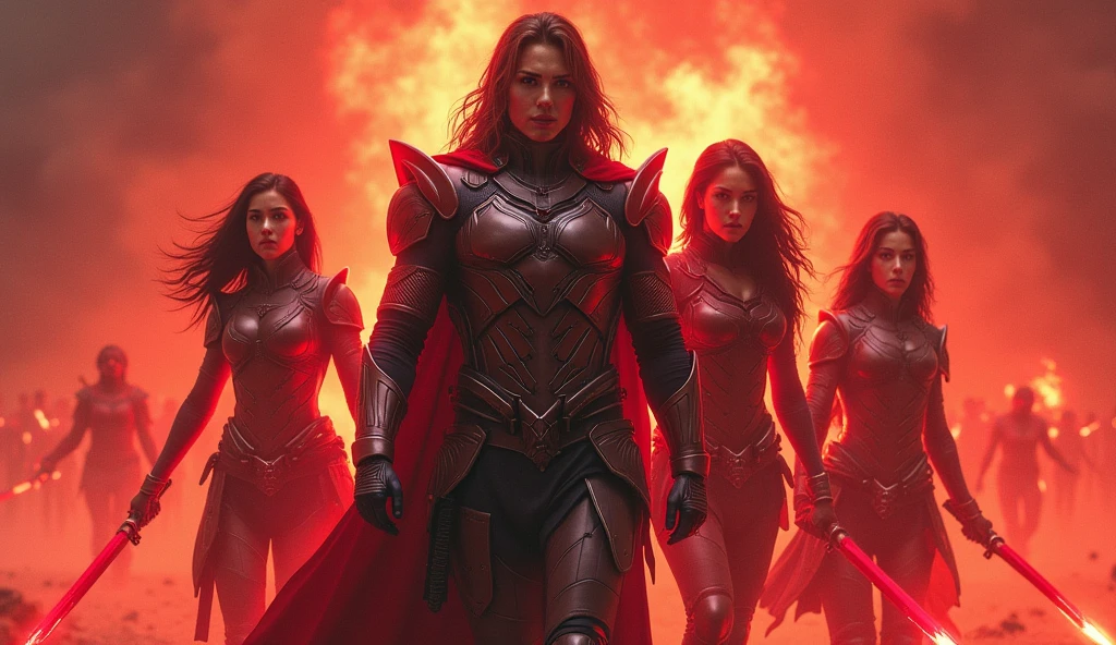 three women in red and black outfits holding guns in a city, lady in red armor, red armor, alena aenami and artgerm, fantasy style 8 k octane render, blood red armor, cinematic cgsociety, silver armor and red clothing, katarina from league of legends, shot from cinematic, diablo 4 queen, diablo 4 lilith, red leather armor