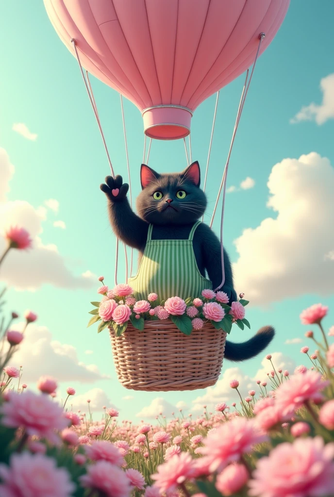 ultra-realistic, photorealistic, dramatic scene, shadow, global-illumination, the human-like giant black cat\(realistic, wearing a vertical striped green apron, black cat, waving in sadness\), the cat is riding in the basket of a hot air balloon and floating in the air in the various pastel colored flower field with full bloom, a hot air balloon is rising up into the sky, the large basket of the hot air balloon is gorgeously decorated with various pastel colored flowers, sunny day in winter, spectacular view of vast flower field with large hot air balloon, very cute pastel colors of pink and light blue with light green