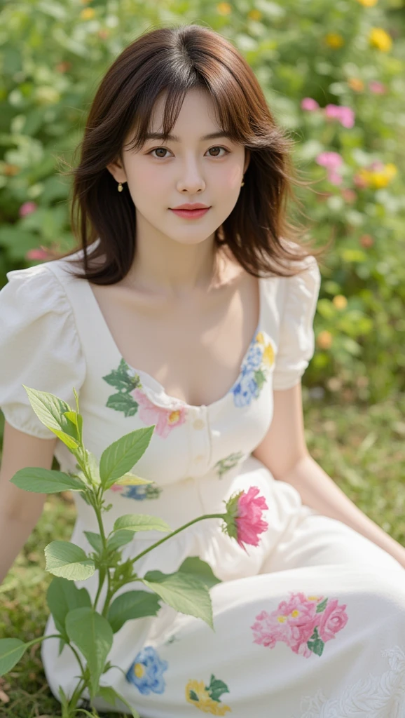 (Masterpiece: 1.2, Best Quality), Realistic, (Realistic Picture, Complex Details, Depth of Field), Best Quality, Masterpiece, Highly Detailed, Realistic, 1 Girl, Mature Female, 25 Years Old, highlight brown Hair, Shoulder length Hair with two-parted bangs, sitting outside a flower garden, sitting on the grass, wearing casual outdoor dress, chest out, big chest, medium breasts, thin lips, full body photo view, looking at the camera, 