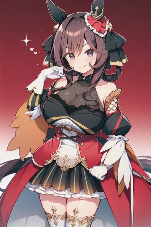 gentildonna,umamusume,1girl, animal ears, solo, purple eyes, horse tail,large breasts,,light smile,best quality,bare shoulders, white gloves, black belt on the chest, red dress, frills, ribbon, black skirt, thighhighs, white legwear, large breasts, hand on own hip, smug,