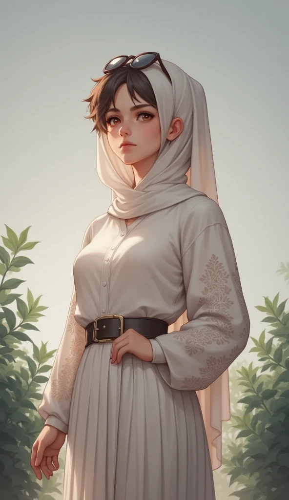 Woman wearing a hijab, a loose, pleated, patterned abaya, long, loose, patterned guipure sleeves, a long, pleated skirt, a belt, looking at the camera from the side, photographed in high detail, plants looking at the camera, and sunglasses on top of her head, looking at the camera