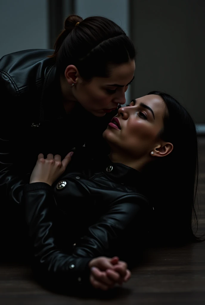 a gay couple kissing passionately, wearing bdsm outfits, intense eye contact, chiaroscuro lighting, dramatic shadows, high contrast, cinematic composition, moody color palette, rich textures, detailed leather folds and wrinkles, hyper-realistic, masterpiece, 8k, photorealistic, studio lighting, physically-based rendering, ultra-detailed
