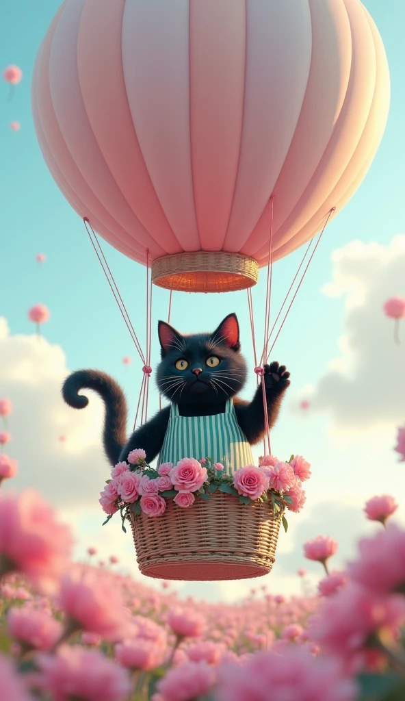 ultra-realistic, photorealistic, dramatic scene, shadow, global-illumination, the human-like giant black cat\(realistic, wearing a vertical striped green apron, black cat, waving in sadness\), the cat is riding in the basket of a hot air balloon and floating in the air in the various pastel colored flower field with full bloom, a hot air balloon is rising up into the sky, the large basket of the hot air balloon is gorgeously decorated with various pastel colored flowers, sunny day in winter, spectacular view of vast flower field with large hot air balloon, very cute pastel colors of pink and light blue with light green