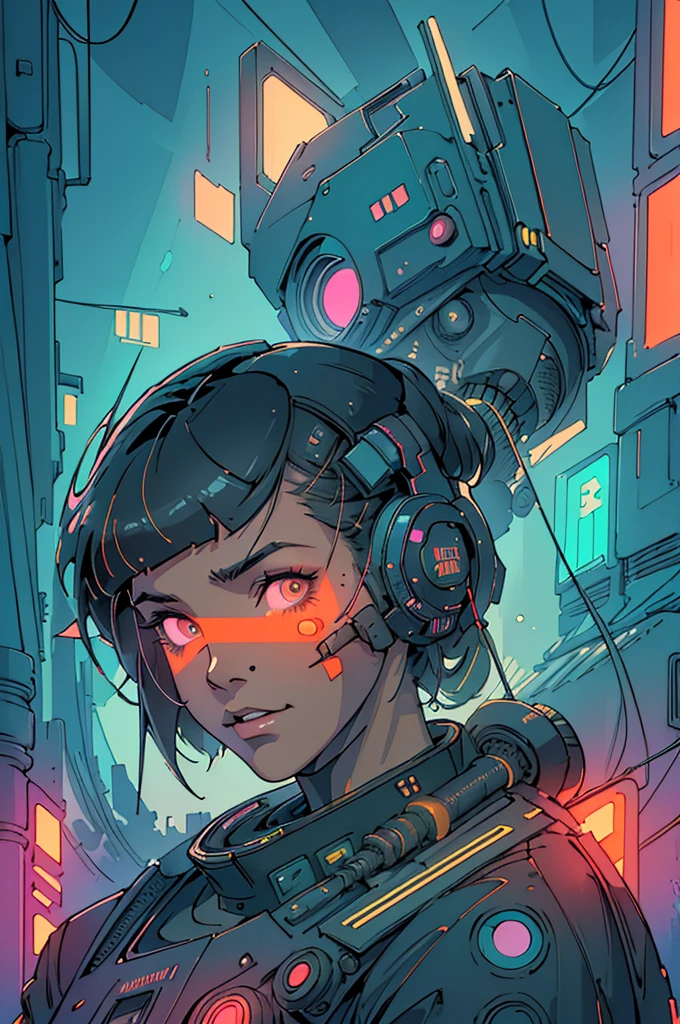 (((Top Quality Masterpiece ))),(((solo:1.2))),((( 1 woman :1.2))),(((Bust-up portrait))),Retro Vintage,((( Cyberpunk Blade Runner))),((( geometric pattern ))),(((The background is overwhelmingly absolutely simple))),(((Neon Satellite Searchlight )))