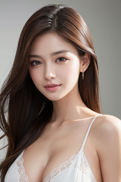 Create a (( mid-shot )) photorealistic image of a beautiful Asian woman with fair, smooth, flawless skin. She has large, round, sparkling eyes with naturally long and curled eyelashes, and well-defined, dark eyebrows. Her nose is straight and high, and her naturally pink, soft lips form a gentle smile. She has short, slightly curled brown hair that highlights her delicate facial features. Her face is oval-shaped, with a wide and high forehead, moderately high cheekbones, and a pointed, slender chin. She is wearing a white bra that complements her elegant and feminine appearance. (( waist to top))