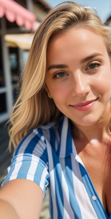 Instagram photo, 45 years old blonde woman , wearing blue stripe shirt , curvy, bokeh, beach shop, closeup selfie taken on iphone 15, slight smile, sunkissed, sunlight, 