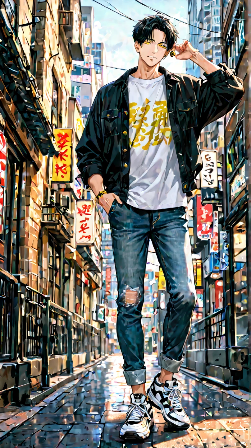 male asian adult full body black hair, yellow eye, wearing earing, tshirt, jeans sneakers, background city wiht tree