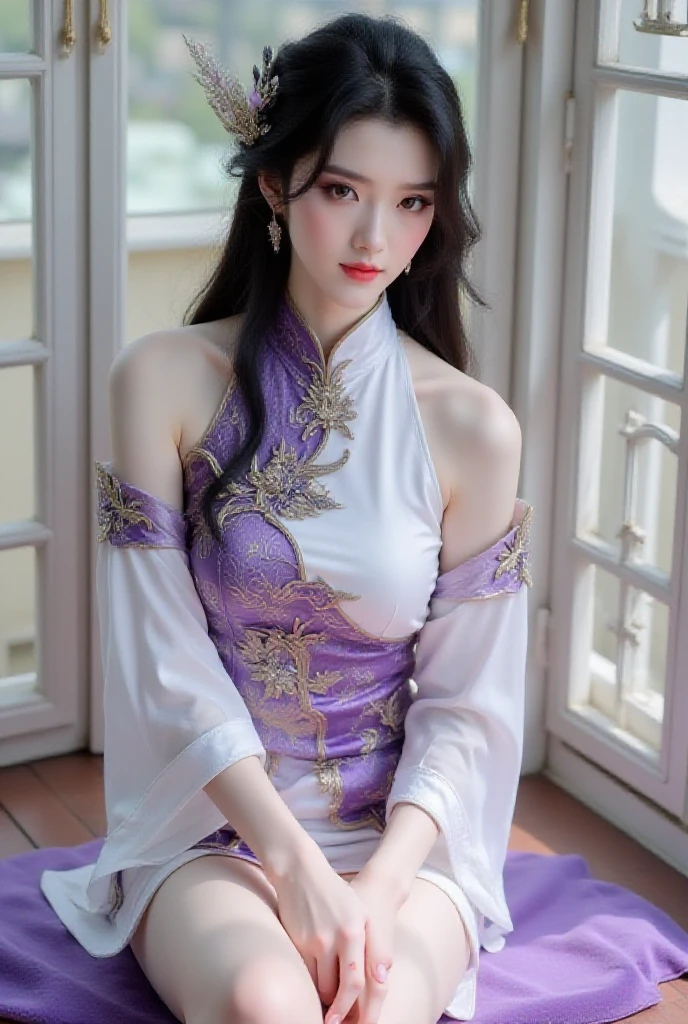 1girl,sliver hair,long hair, light purple hanfu,detached sleeves,(hair ornament:0.5),(cleavage:0.6), Beautiful dance pose, She gently lifted her skirt with one hand,头发周围有白色的Butterfly兰,Lilac dendrobium、White Lily, Long legs , Deep in Wonderland, ((Flowing long hair))Official Art , Unity8k Wallpaper , Extremely detailed , Visible cleavage, Pretty and beautiful , 性感Long legs, masterpiece , best quality ,Practical, Very detailed illustrations ,Extremely detailed , Intricate details , Extremely complex and detailed , Very detailed 8KCG wallpaper , Caustics .reflection , Ray Tracing , Devil theme ,nebula ,Dark aura, Network Effects , (1 girl)solitary , 小蓝Butterfly , (Blue plasma flame , (insect , Butterfly)) Pastel tones in Rococo style ,Light white and light dark red , Incredibly beautiful , Cherry blossoms , Surrealism ,painting , Ethereal , Mixing reality and fantasy elements ,Ray Tracing , Complex Mode , Exquisite lines , Perfect your hands, Starry Sky , Colorful , Star