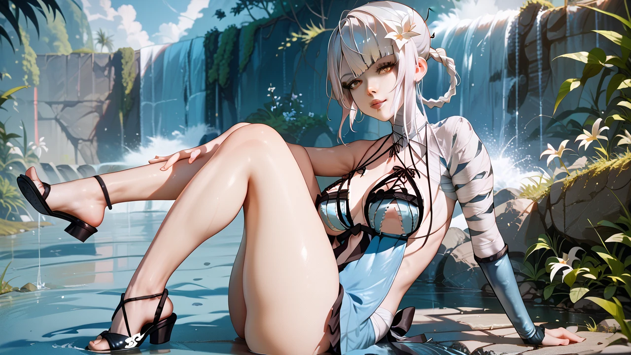   Sexy Kaine ,UHD, on a bridge,  in the background of a waterfall,  silver hair, pose sexy, sitting, one leg up,