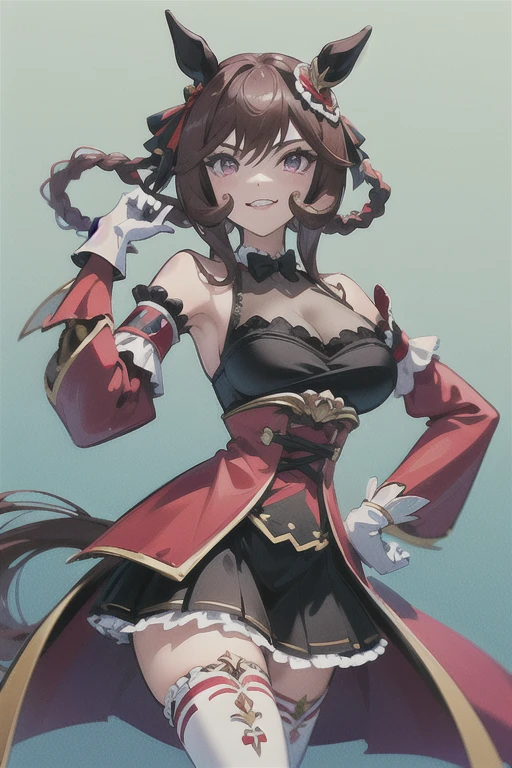 gentildonna,umamusume,1girl, animal ears, solo, purple eyes, horse tail,large breasts,,light smile,best quality,bare shoulders, white gloves, black belt on the chest, red dress, frills, ribbon, black skirt, thighhighs, white legwear, large breasts, hand on own hip, smug,