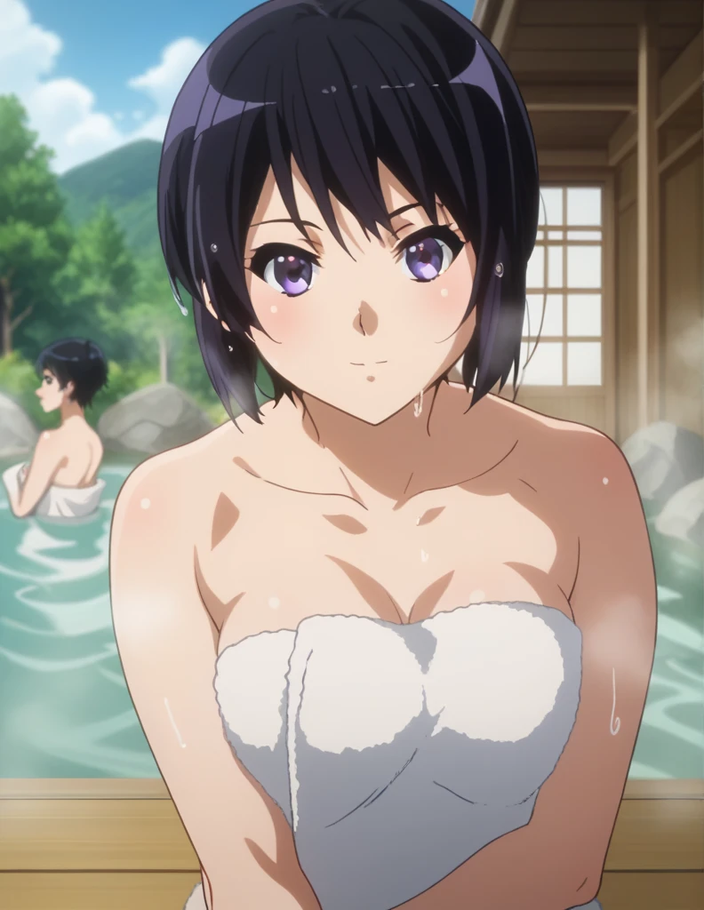 score_9, score_8_ up, score_7_ up,  source_Anime, Reina Kousaka , Reina Kousaka,  short hair , short hair , bangs,  black hair, purple eyes,  nudes, naked,  outdoor, hot spring, towel, naked towel,  steam, busing,  nudes cover, partially submerged, water, bus,  steam censor, wet towel,  Audience ,  cowboy shot ,  Dutch angle , A little thick,judo player、judo、Inside the judo Gymnasium、On the tatami、discovery、whole body、rest、幼い頃judo家に育てられた.