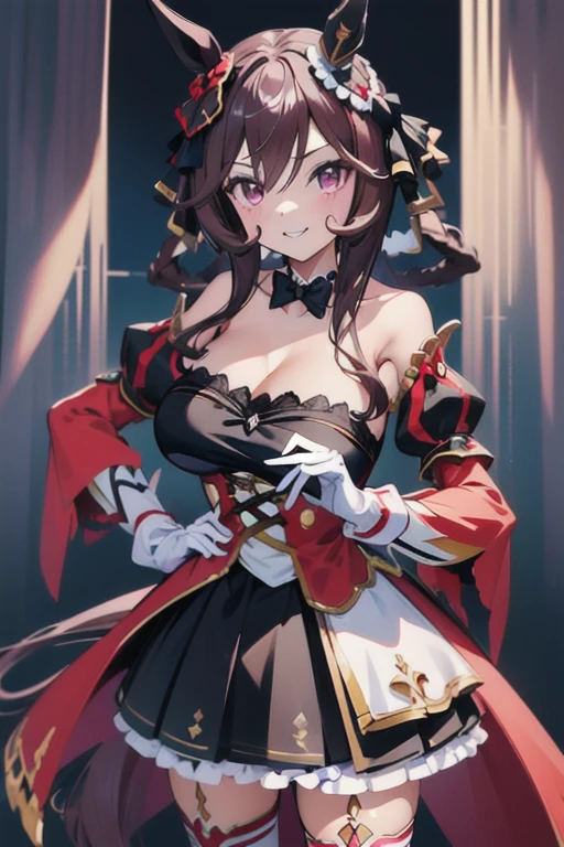 gentildonna,umamusume,1girl, animal ears, solo, purple eyes, horse tail,large breasts,,light smile,best quality,bare shoulders, white gloves, black belt on the chest, red dress, frills, ribbon, black skirt, thighhighs, white legwear, large breasts, hand on own hip, smug,