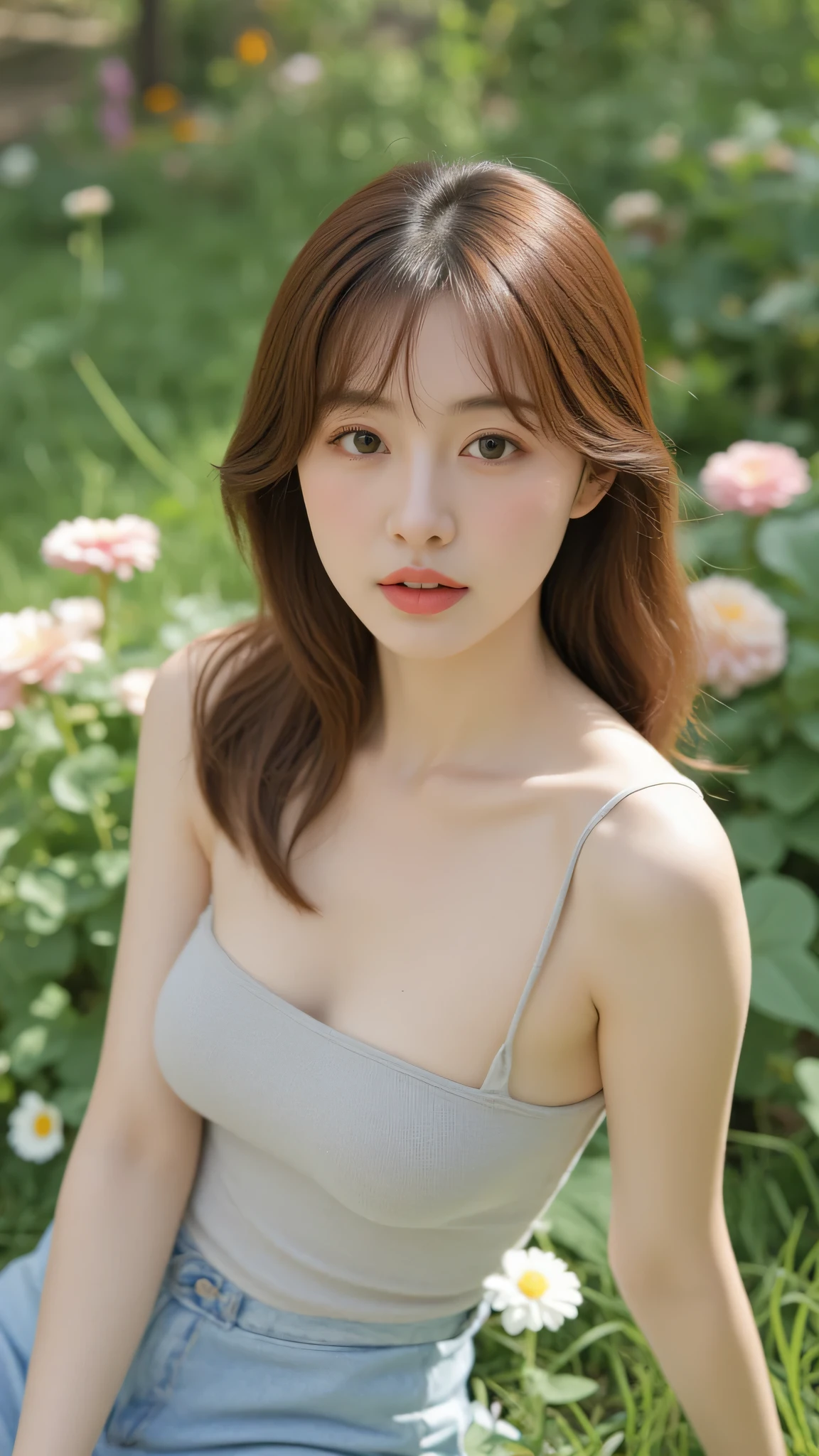 (Masterpiece: 1.2, Best Quality), Realistic, (Realistic Picture, Complex Details, Depth of Field), Best Quality, Masterpiece, Highly Detailed, Realistic, 1 Girl, Mature Female, 25 Years Old, highlight brown Hair, Shoulder length Hair with two-parted bangs, sitting outside a flower garden, sitting on the grass, wearing casual outdoor dress, chest out, big chest, medium breasts, thin lips, full body photo view, looking at the camera, 