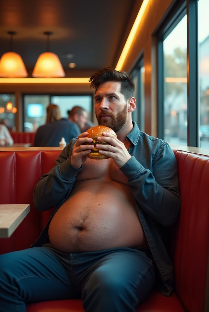 A slightly overweight man wearing glasses and underwear sitting on in a toilet scratching his bellybutton with his rights hand while biting hamburger with his left while staring at a laptop viewed from the side