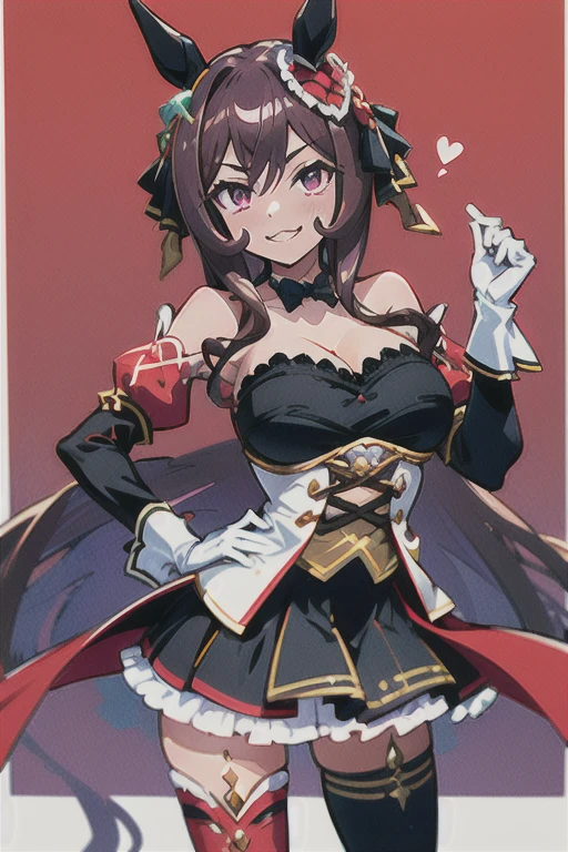 gentildonna,umamusume,1girl, animal ears, solo, purple eyes, horse tail,large breasts,,light smile,best quality,bare shoulders, white gloves, black belt on the chest, red dress, frills, ribbon, black skirt, thighhighs, white legwear, large breasts, hand on own hip, smug,