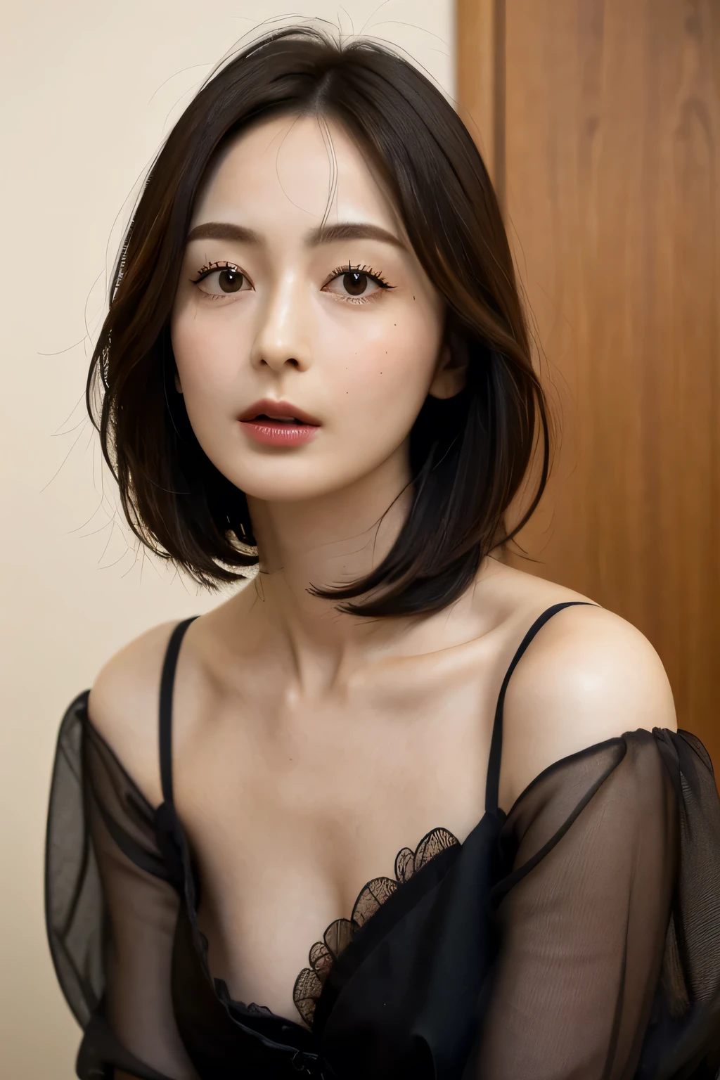 (realistic, photo-realistic:1.4),(masterpiece, best quality:1.2), RAW photo, high resolution, intricate details, extremely detailed, realistic and sharp details, cinematic lighting, portrait, frontal photography, solo, 1girl, a Japanese woman, dark hair, short bob hair style, slender body, detailed face, detailed eyes, sophisticated nose, pale skin, collarbone, (small breasts:1.3), photo background, indoors