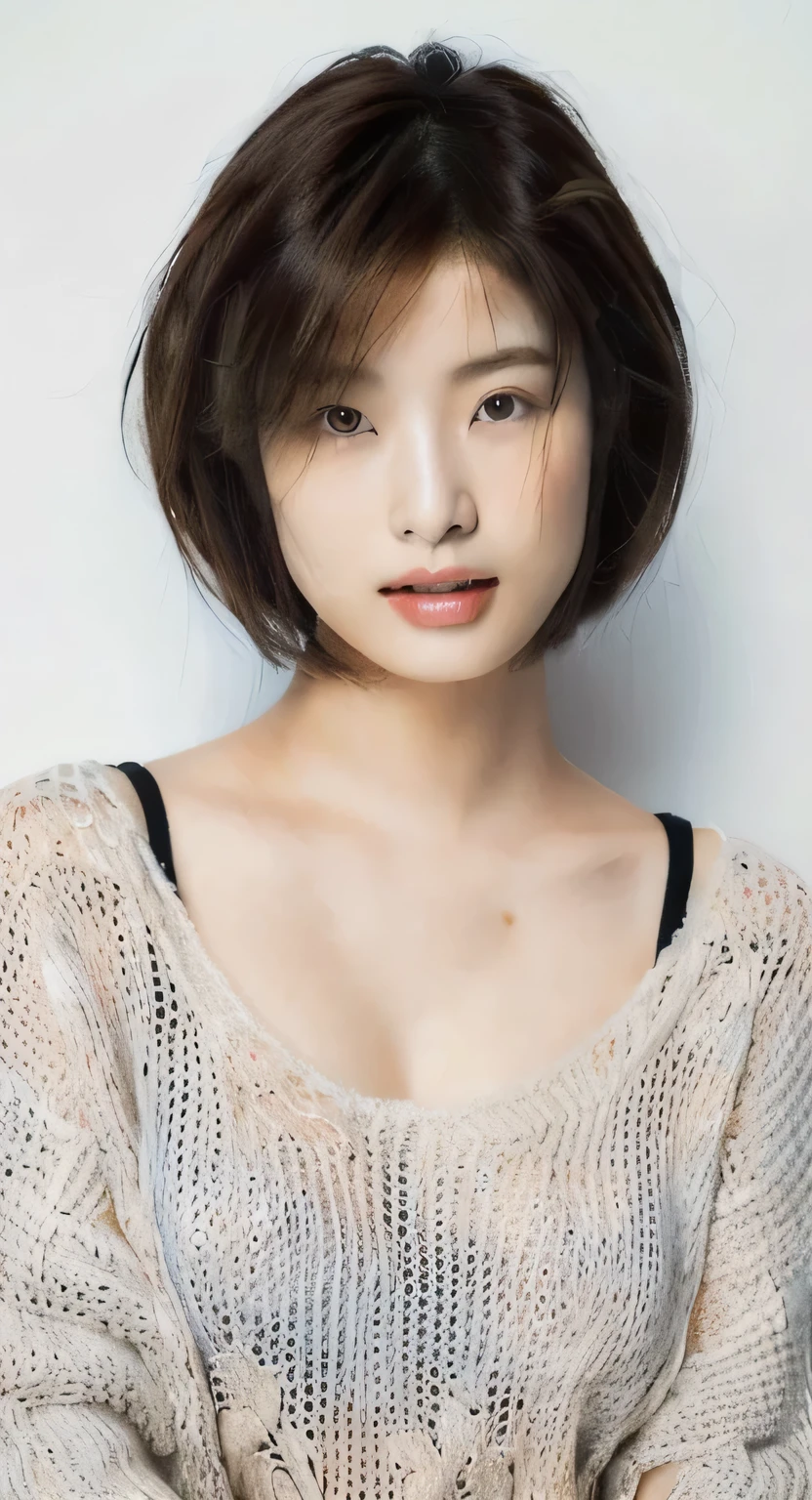 (highest quality, 8K, 32K, masterpiece, UHD:1.2),Photos of cute Japanese women, big breasts, very short bob hair,Upper body,face focus,extra large size_sweater, necklace, simple background, From above, looking at the viewer,