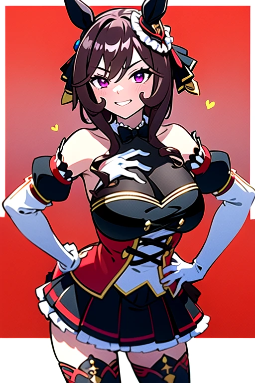 gentildonna,umamusume,1girl, animal ears, solo, purple eyes, horse tail,large breasts,,light smile,best quality,bare shoulders, white gloves, black belt on the chest, red dress, frills, ribbon, black skirt, thighhighs, white legwear, large breasts, hand on own hip, smug,