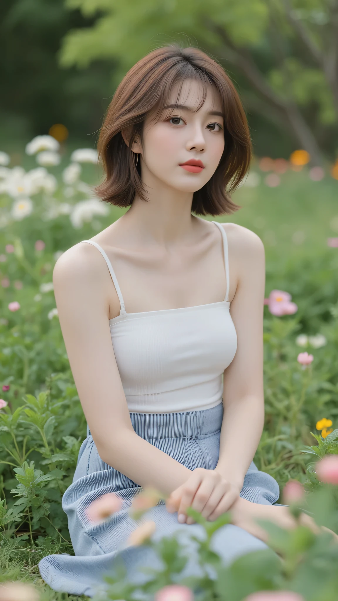 (Masterpiece: 1.2, Best Quality), Realistic, (Realistic Picture, Complex Details, Depth of Field), Best Quality, Masterpiece, Highly Detailed, Realistic, 1 Girl, Mature Female, 25 Years Old, highlight brown Hair, Shoulder length Hair with two-parted bangs, sitting outside a flower garden, sitting on the grass, wearing casual outfit with tank top, chest out, big chest, medium breasts, thin lips, full body photo view, looking at the camera, 