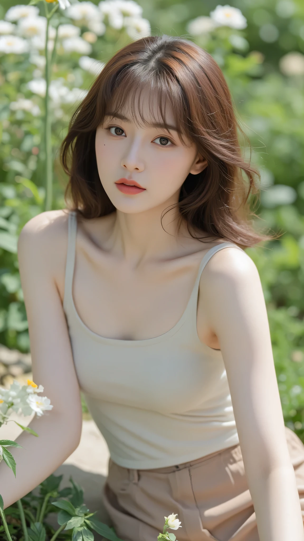 (Masterpiece: 1.2, Best Quality), Realistic, (Realistic Picture, Complex Details, Depth of Field), Best Quality, Masterpiece, Highly Detailed, Realistic, 1 Girl, Mature Female, 25 Years Old, highlight brown Hair, Shoulder length Hair with two-parted bangs, sitting outside a flower garden, sitting on the grass, wearing casual outfit with tank top, chest out, big chest, medium breasts, thin lips, full body photo view, looking at the camera, 