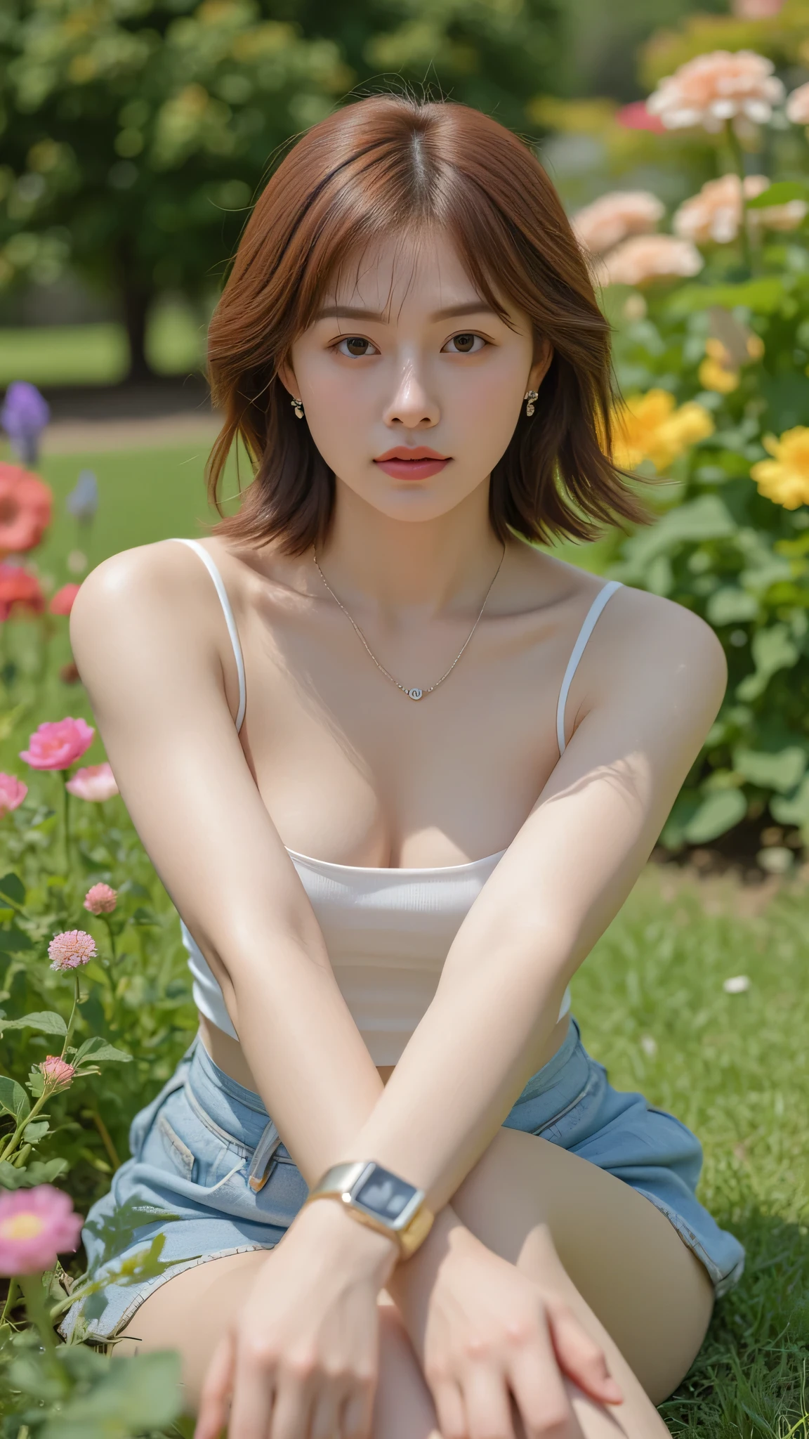 (Masterpiece: 1.2, Best Quality), Realistic, (Realistic Picture, Complex Details, Depth of Field), Best Quality, Masterpiece, Highly Detailed, Realistic, 1 Girl, Mature Female, 25 Years Old, highlight brown Hair, Shoulder length Hair with two-parted bangs, sitting outside a flower garden, sitting on the grass, wearing casual outfit with tank top, chest out, big chest, medium breasts, thin lips, full body photo view, looking at the camera, diamond necklace, earrings, apple watch, gold bracelet