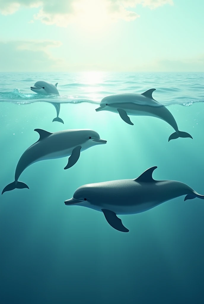 Dolphins jumping in sea and sea water with corals and rainbow in background