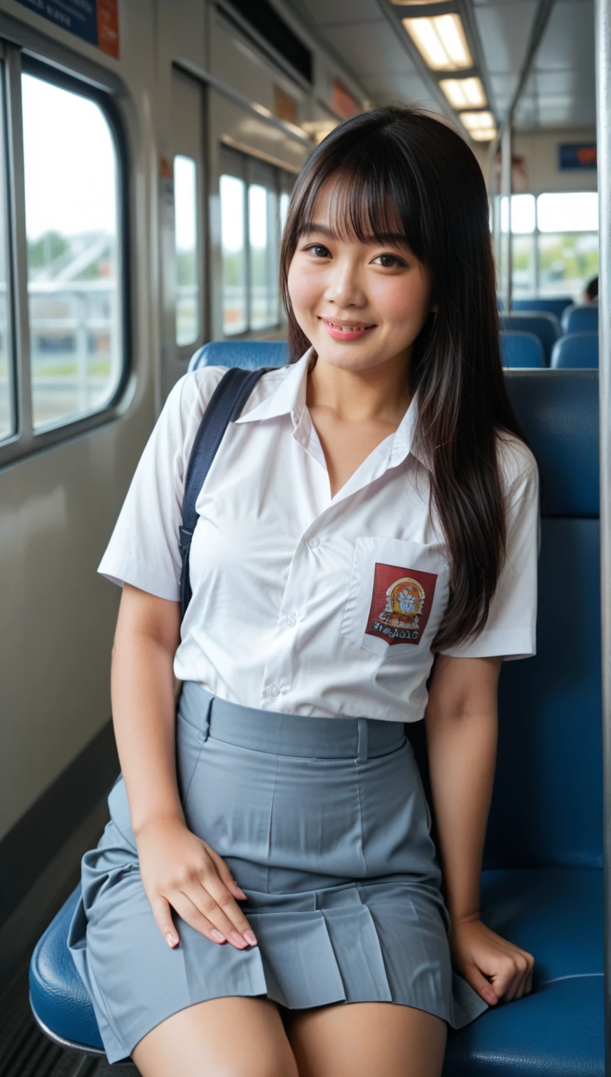 arafed asian woman in a white shirt and grey skirt sitting on a Indonesian train, Photo by Ryusei Kishida, tumblr, sōsaku made, a hyper realistic schoolgirl , hyper realistic schoolgirl , cute schoolgirl, wearing japanese school uniform,  realistic schoolgirl , Indonesian girl school uniform, of a schoolgirl posing