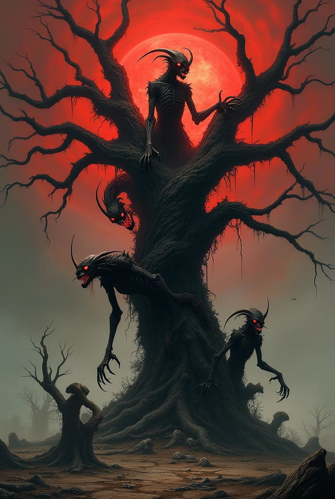 dark wood with dead bodies hanging from trees, black and white , horror style, realistic photography , wide aspect ratio , dust and scratches .
