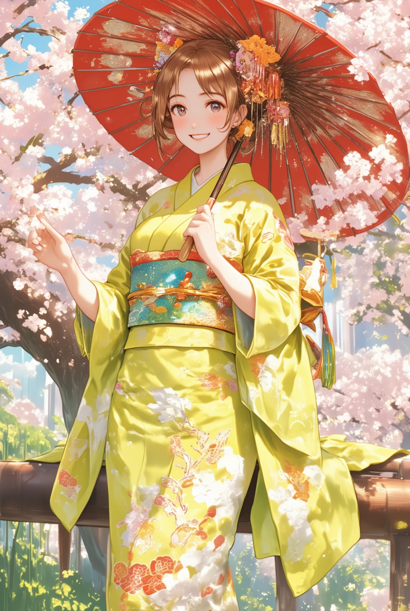 ( best quality :1.5), ( ultra high definition:1.5), (解剖学的にAccurate人体構造), (masterpiece), Accurate, more details,  high detail,Award-winning works,32K,  professional illustration , absurd ,Young woman holding a Japanese umbrella,  cute Japanese woman holding a Japanese umbrella in her hand ,  } A beautiful and cute woman wearing a Japanese yellow-green kimono standing with a Japanese umbrella, upper body shot above the knee ,  1 Japanese woman, 20 years old, Height: 158cm,  looking at me with a very bright and cute smile , 綺麗な和風の髪飾りがある着物に似合う ponytail, Orange and pink Japanese-style hair ornament ,  yellow-green Nishijin kimono with a beautiful and detailed cherry blossom pattern , Japanese Style , beautiful anime portrait, detailed portrait of an anime girl ,  amazing beautiful anime portrait ,  beautiful anime woman  ,  A digital animation illustration with a very detailed depiction , Very artistic, realistic,  A beautiful anime girl showing beautiful and detailed skin ,  ponytail, Beautiful yellow-green kimono , standing with cherry trees and cherry blossom fuki in the background , Accurate手の形, Accurate指の形, Accurate指の数, Five fingers on a hand, Hair dancing in the wind,  lots of cherry blossoms dancing in the wind ,  poses with fun movements 