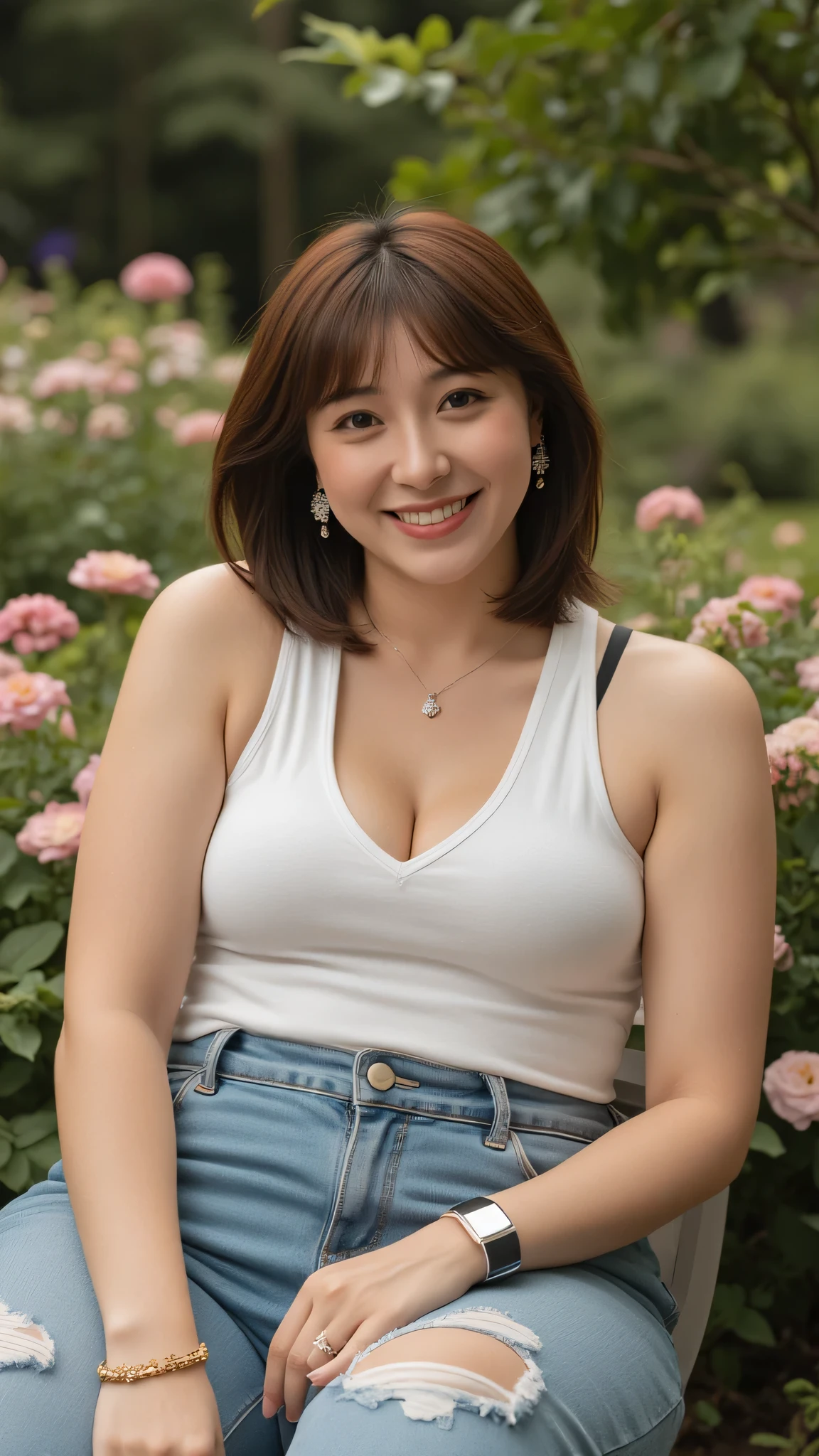 (Masterpiece: 1.2, Best Quality), Realistic, (Realistic Picture, Complex Details, Depth of Field), Best Quality, Masterpiece, Highly Detailed, Realistic, 1 Girl, Mature Female, 25 Years Old, highlight brown Hair, Shoulder length Hair with two-parted bangs, sitting outside a flower garden, sitting on the grass, wearing casual outfit with tank top, chest out, big chest, huge breasts, thin lips, full body photo view, looking at the camera, diamond necklace, earrings, apple watch, gold bracelet, naughty smile, 