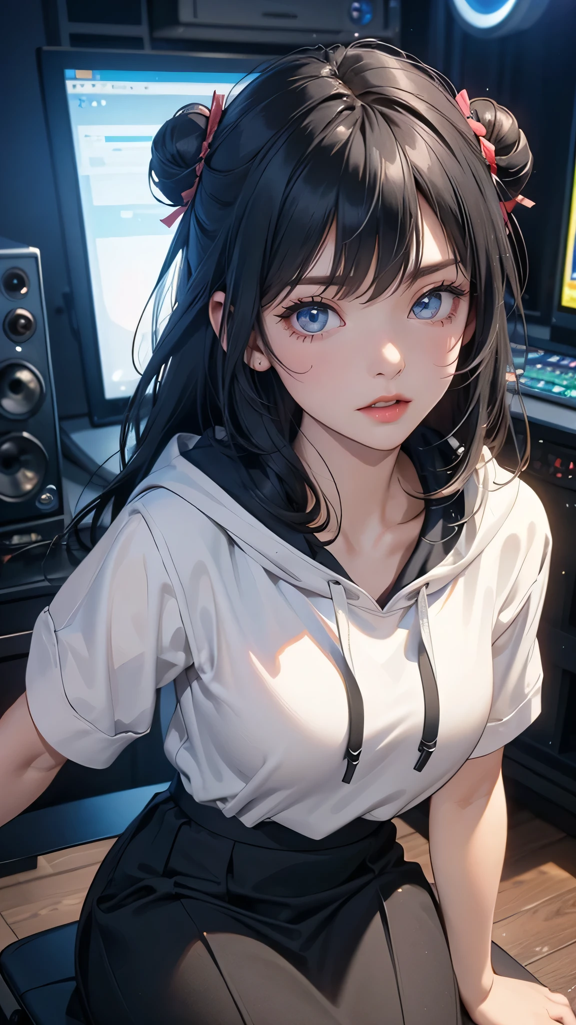 (random porn pose),(Highest image quality,(8k),ultra-realistic,best quality, ((Long black hair, Twin bun)), high quality, high definition, high quality texture,high detail,beautiful detailed,fine detailed,extremely detailed cg,detailed texture,a realistic representation of the face,masterpiece,Sense of presence), ((Hoodie, skirt, Studio Radio)), Wearing white headphone