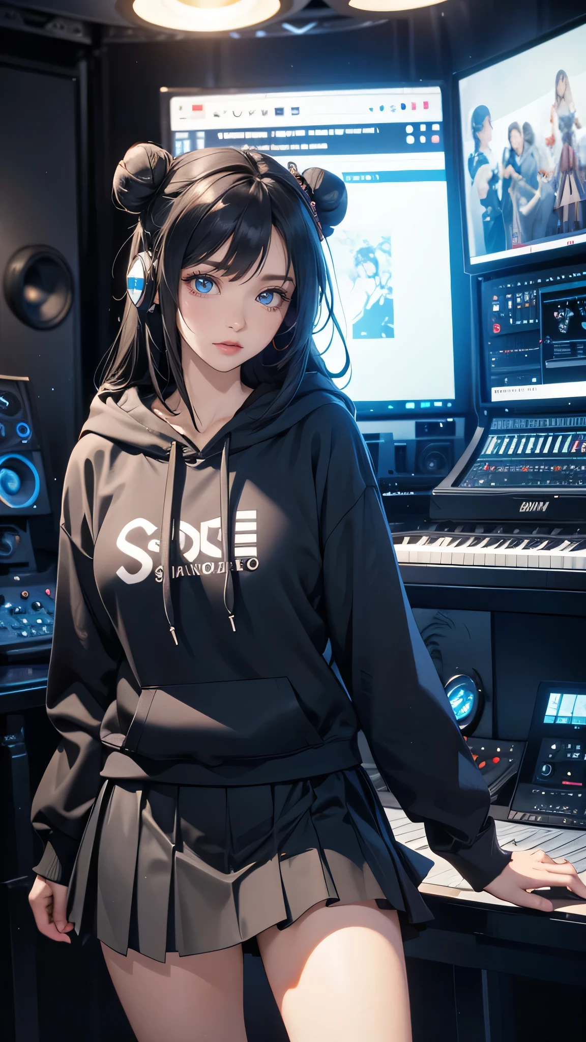 (random porn pose),(Highest image quality,(8k),ultra-realistic,best quality, ((Long black hair, Twin bun)), high quality, high definition, high quality texture,high detail,beautiful detailed,fine detailed,extremely detailed cg,detailed texture,a realistic representation of the face,masterpiece,Sense of presence), ((Hoodie, skirt, Studio Radio)), Wearing white headphone
