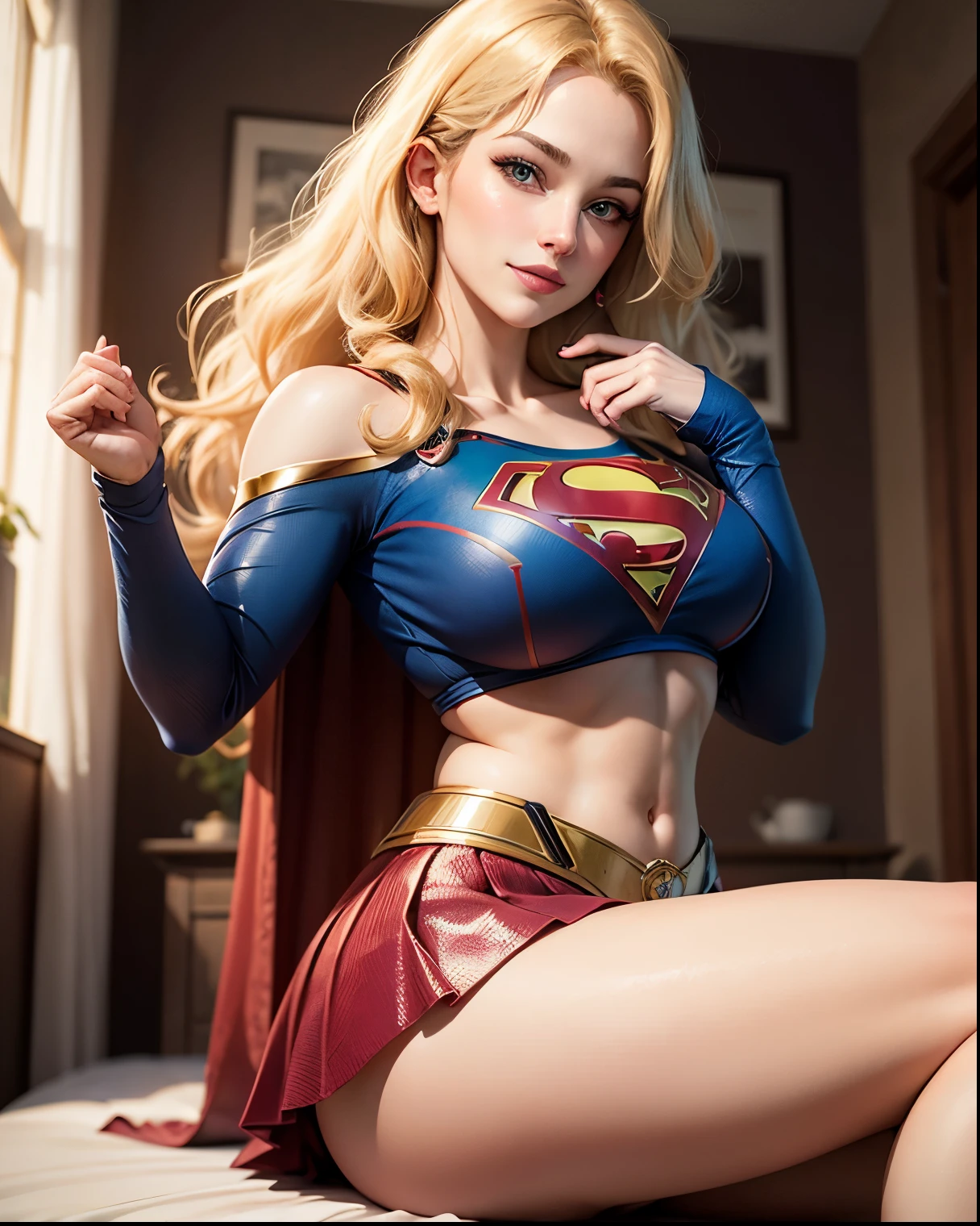 Beautiful American woman long blonde hair, 23 years old, hourglass body,huge breasts, defined body, wearing lace lingerie:1.6 (((bra, thong panties and 7/8 Supergirl cosplay sock))