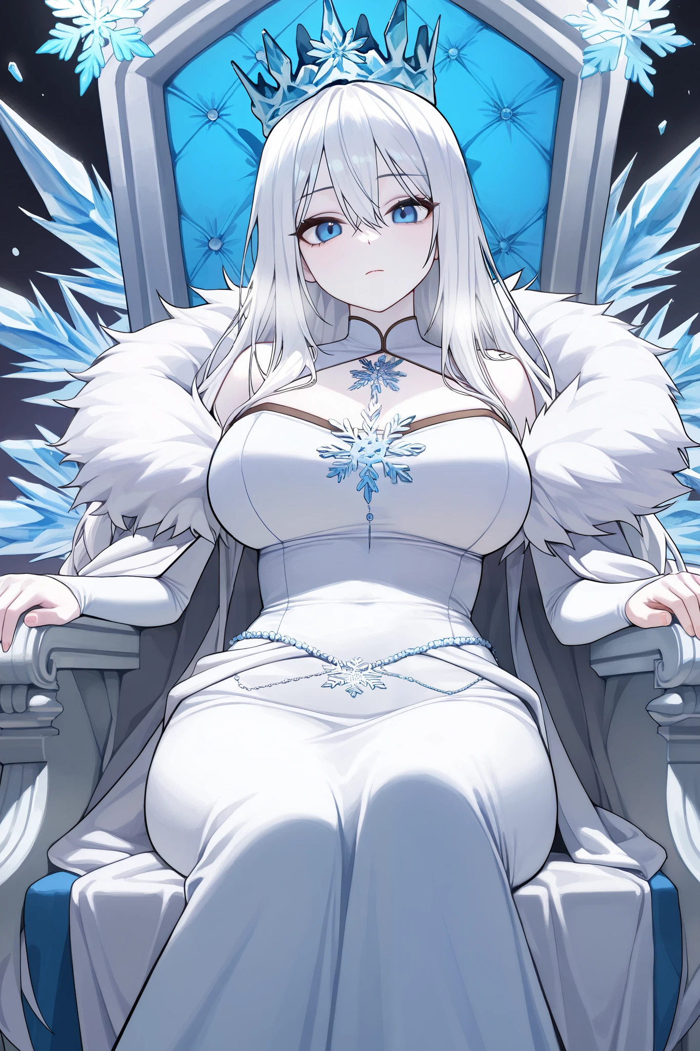a winter queen, pale skin, white hair, snowflake themed outfit, ice crown, sitting on a throne made of ice, neutral expression, ice crystals, Elegant, snowflakes, high resolution, masterpiece,  anatomically accurate,  very detailed,  ultra high definition ,  smooth skin , Solo, 텅 빈 눈빛, Expressionless, sexy, mature, 공허한 눈, 거만한 얼굴, 가슴, 