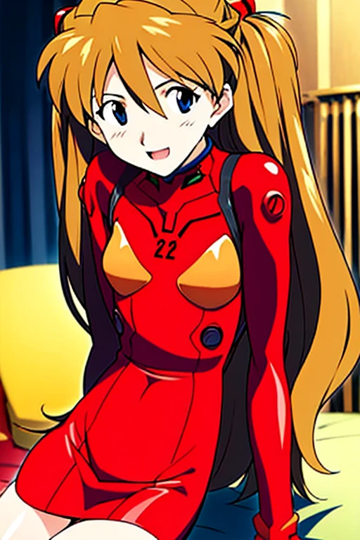 (( best quality )), ((masterpiece)), (be familiar with),  Perfect Face, indoor, bedroom,  Watching Viewers ,
One woman,  Soryu Asuka Langley,
開いた口,  ecstatic expression beside the piano, blush, smile,
 small tits,  flat chest, Young girl, Lori,  s,  girl,
 long hair,  two side up,
Leg spread,