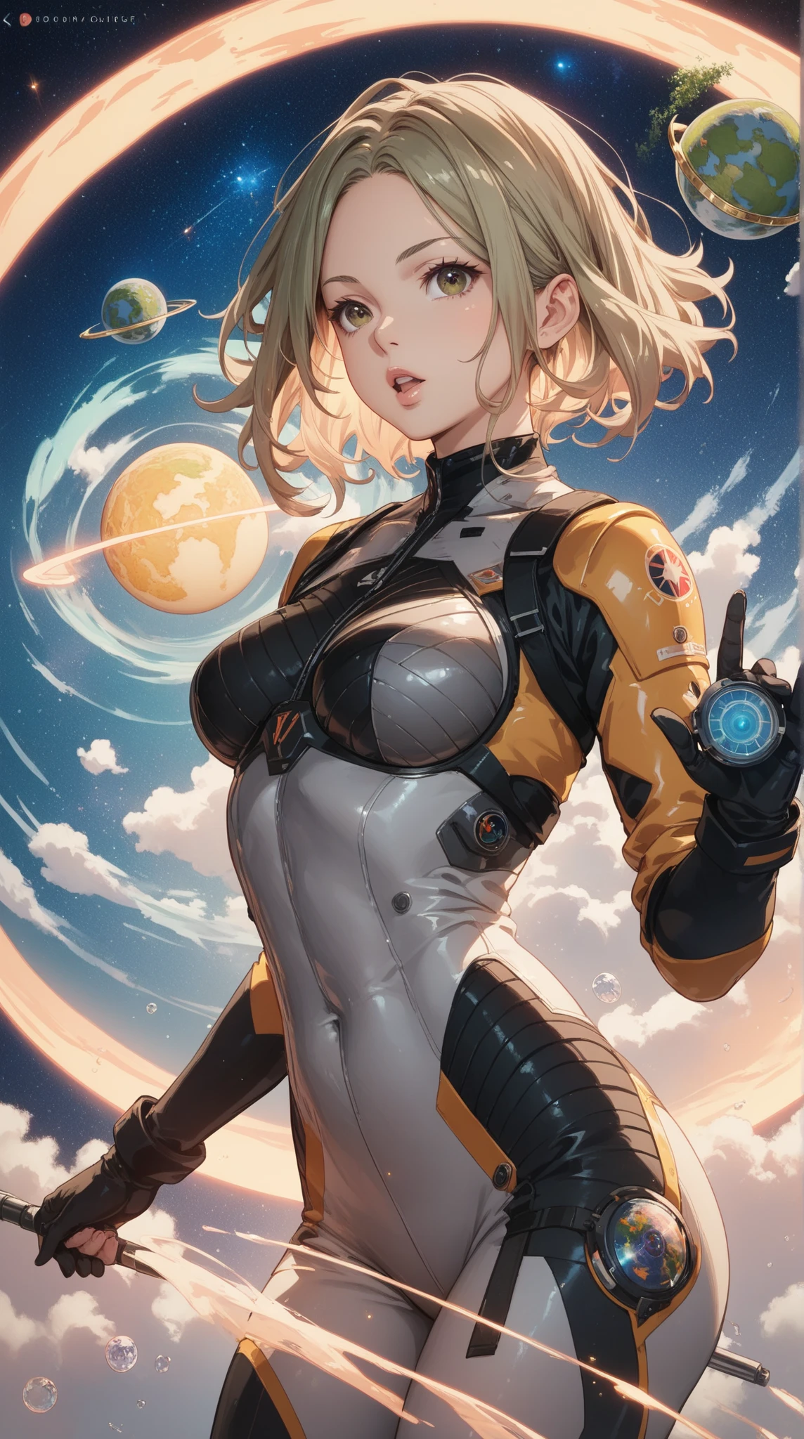 ((best qualityer)), ((work of art)), (detailded: 1.4), (absurdrez), Stefania Ferrario as fighter pilot ready for war, White leather cyberpunk clothes, with spectacular abstract designs, color explosion, cosmic tattoo, nebula, defined muscular sculptural body, all-body, half thick bare thighs, cloused mouth, body covered in cyberpunk technological clothing, generous neckline, ((perfect medium breasts)), (super clear blue eyes), ((white and orange clothes)), (((short blonde hair)))), long black eyelashes heavy makeup, League of Love, private--V5, close to real, psychopath, crazy face, pose sexy, fractal background, 2 piece outfit, cake, centred, scale to fit dimensions, HDR (high-range dynamics),ray tracing,nvidia RTX,Super-resolution,Irreal 5, underground dispersal, PBR Texture, Post-processing, Anisotropic filtering, Depth of field, Maximum clarity and sharpness, Multilayer textures, Albedo and Mirror Maps, Surface shading, Accurate simulation of light-material interaction, perfect proportions, octane rendering, two tone lighting, large aperture, Low ISO, White balance, rule of thirds, 8k cru, traje cristiano