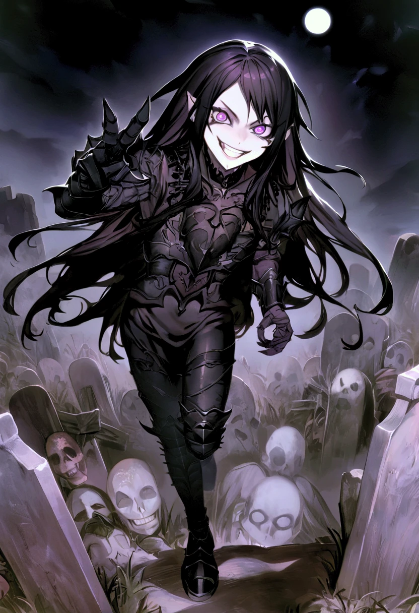 1boy +juvenile features +androgynous features +gothic theme +unnaturally pale skin +manic grin +teeth +sharp canines +smile +purple eyes +wide eyes +black hair +long hair +black robe +hooded robe +black metal shoulder-pauldrons with gothic motifs +black metal armor +black metal greaves +black metal gauntlets +black metal boots +triumphant pose +grave yard +tombstones +moon light +night +desecrated graves