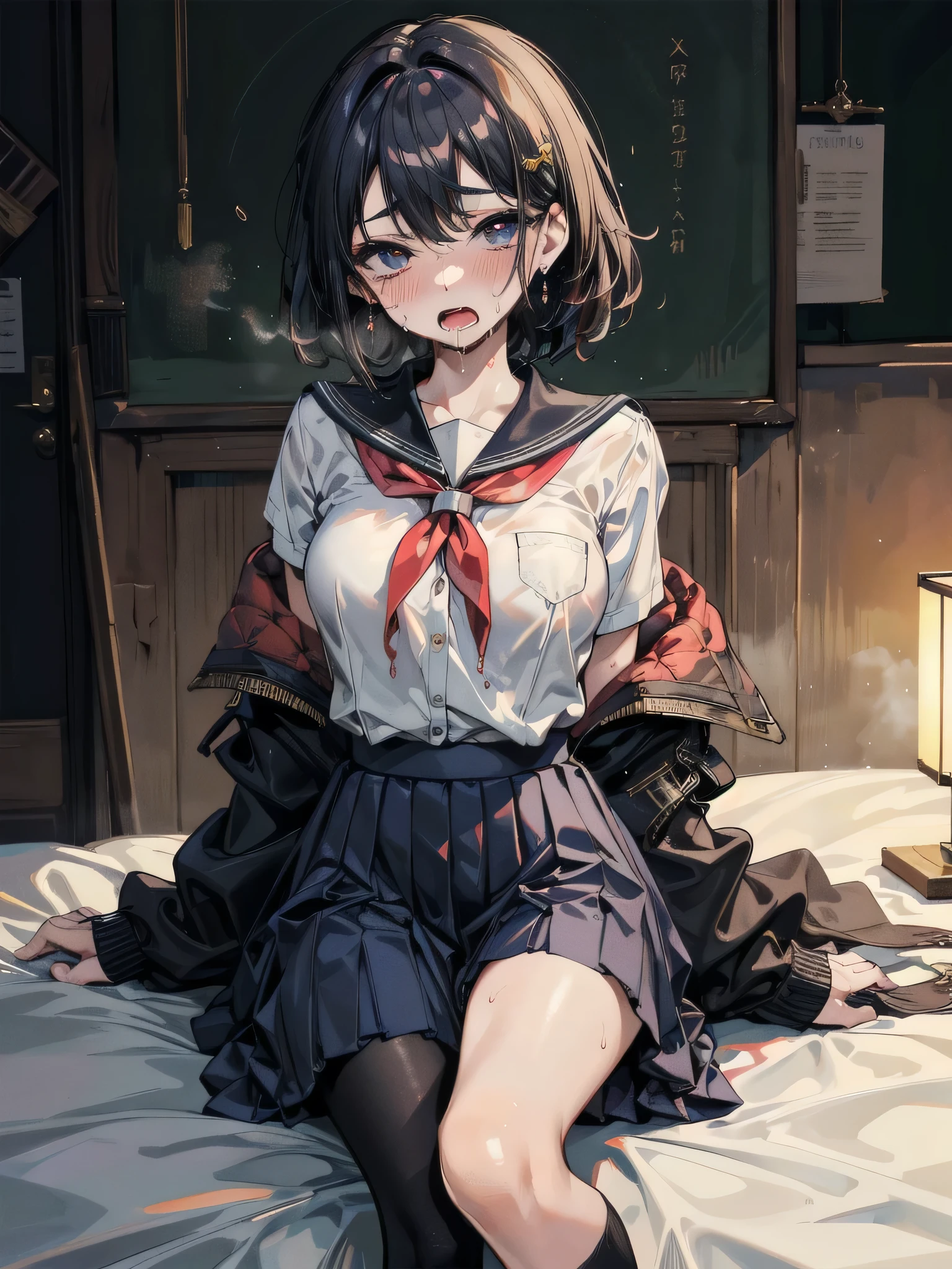 absurdres, RAW photo, extremely delicate and beautiful, masterpiece, Best Quality, ultra high resolution, 32k, hyperrealistic, ultra-detailed, in her 20s, delicate facial features, tearful mole, earring,  medium breasts, full body shot, shorter middle hair, black hair, ((school uniform)), bedroom,