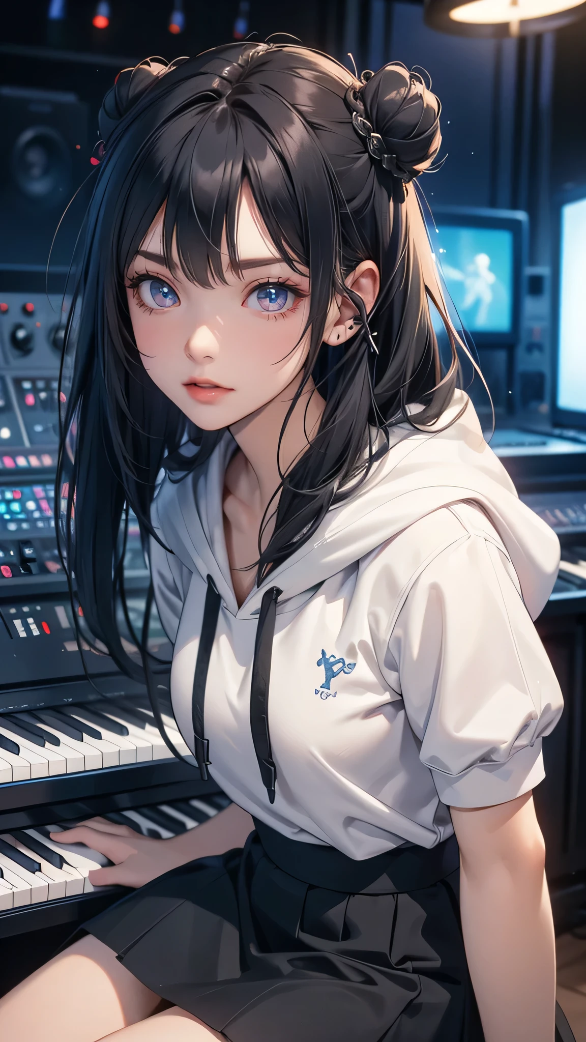 (random porn pose),(Highest image quality,(8k),ultra-realistic,best quality, ((Long black hair, Twin bun)), high quality, high definition, high quality texture,high detail,beautiful detailed,fine detailed,extremely detailed cg,detailed texture,a realistic representation of the face,masterpiece,Sense of presence), ((Hoodie, skirt, Studio Radio)), Wearing white headphone
