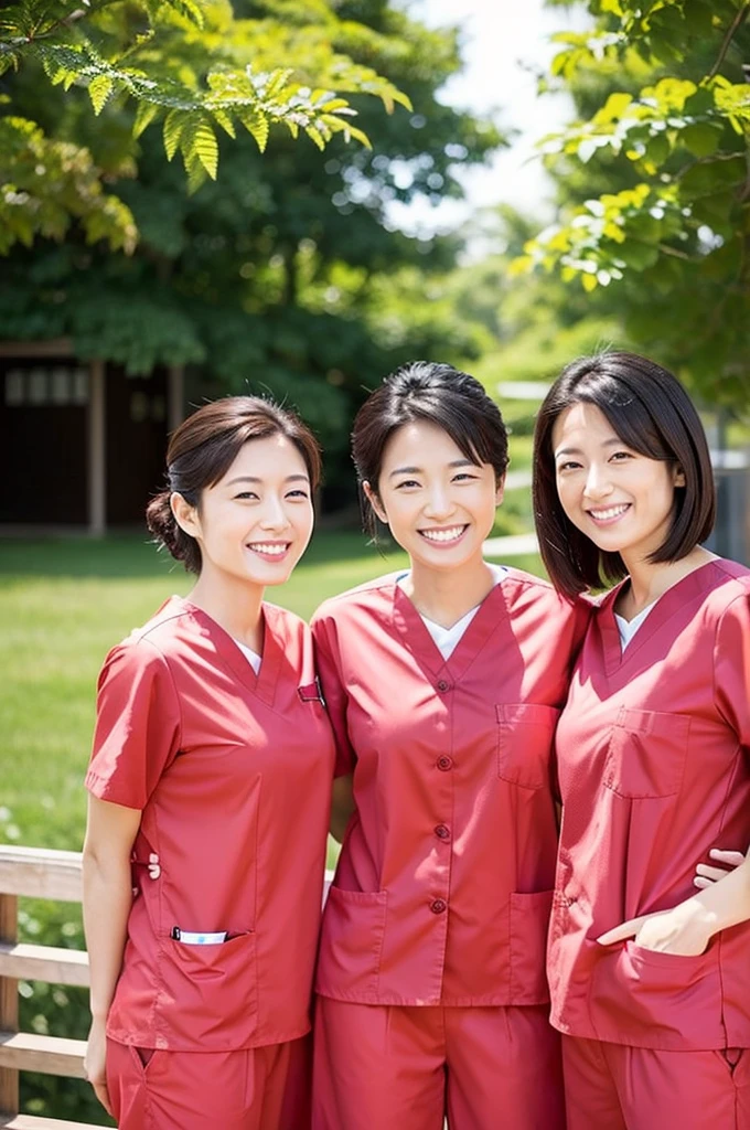 Dental hygienist, two women, smiling, wearing light red medical scrubs, short sleeves, Japanese, black hair, women in their early 20s Upper body close-up high resolution Highest quality Shooting outside No accessories included Harmony々