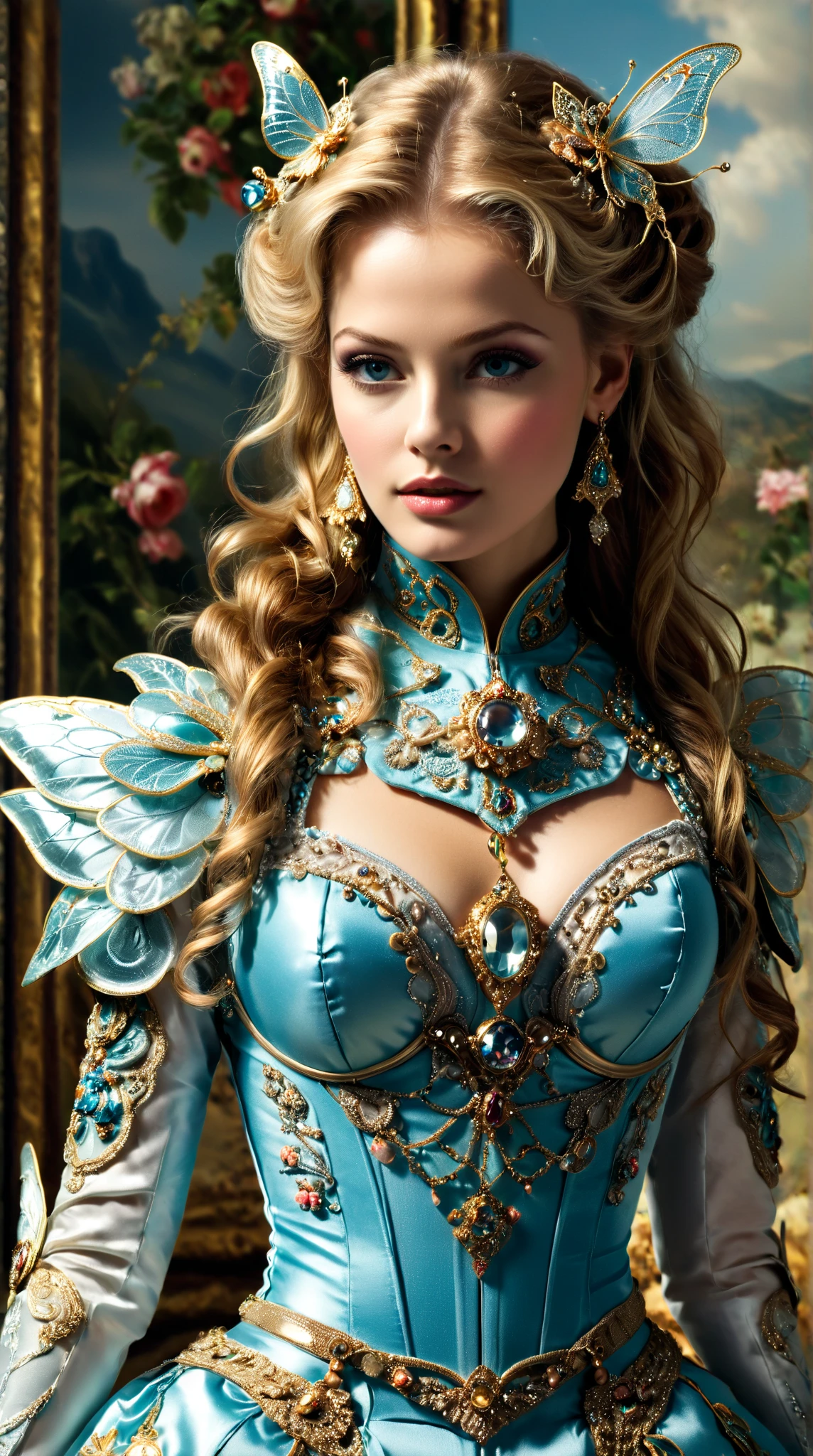 Young Amazon pale white skin, perfect, liquid metal gold, lingerie molten gold slime girl, cubren sutilmente su entrepierna tatuajes varios de diseños intrincados usa joyería con piedras preciosas su cuerpo es perfecto en forma de reloj de arena bien tornea y tonificado semi musculoso senos medianos firmes piel perfect su rostro es hermoso como una diosa sus ojos rasgados perfectos color azul hielo brillante sumamente expresivos sensuales que enamoran a quien los vea en el fondo se ve la selva cubriendo una ciudad futurista ella es una diosa en su máxima expresión