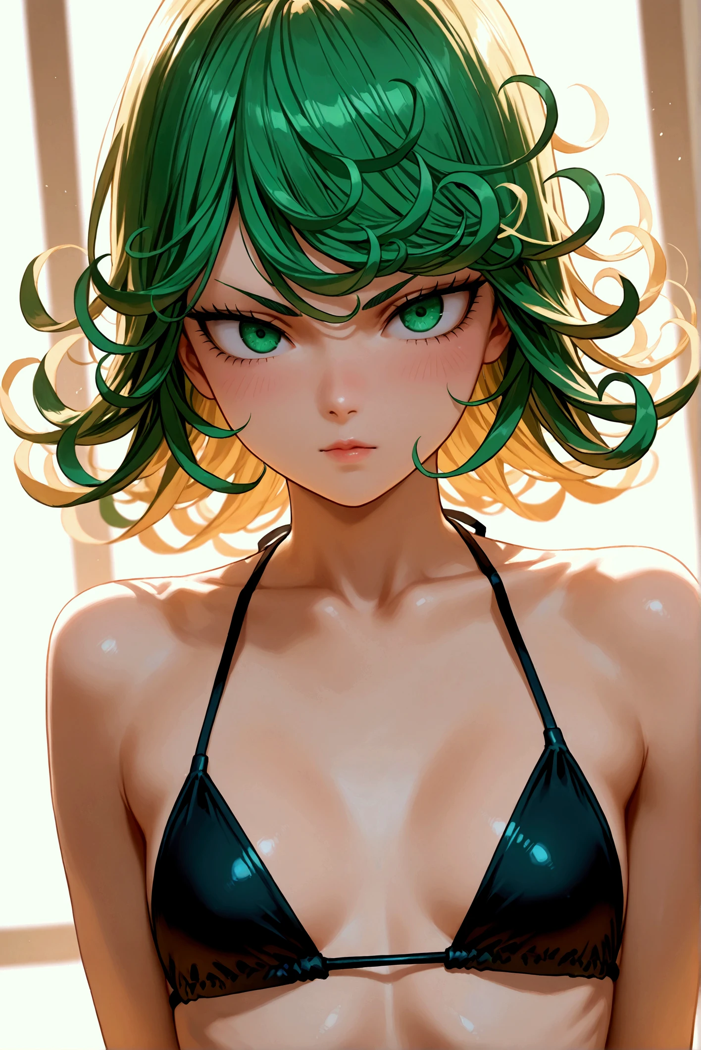 Una mujer con un bikini tanga verde muy ajustado sentada en una repisa,tatsumaki de One Punch Man, Hermosa chica de anime en cuclillas,tatsumaki, Thicc, Ella lleva un bikini tanga verde oscuro,tatsumaki, peeping from behind, Postura de la espalda, Full growth from behind, Growing from behind, seductora chica de anime, Anime woman,masterpiece,4k,raytrancing.