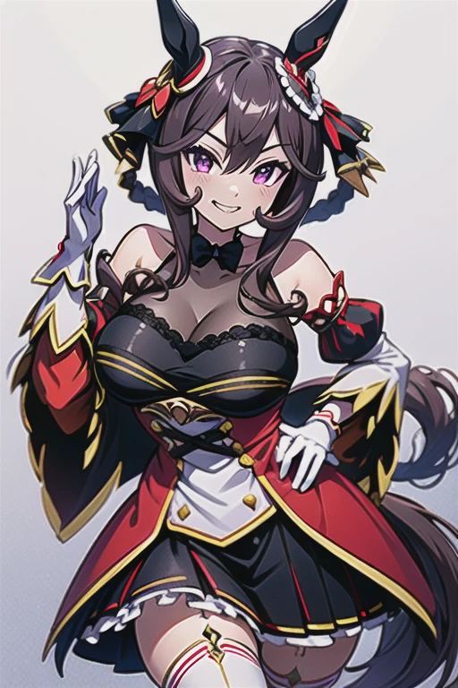 gentildonna,umamusume,1girl, animal ears, solo, purple eyes, horse tail,large breasts,,light smile,best quality,bare shoulders, white gloves, black belt on the chest, red dress, frills, ribbon, black skirt, thighhighs, white legwear, large breasts, hand on own hip, smug,