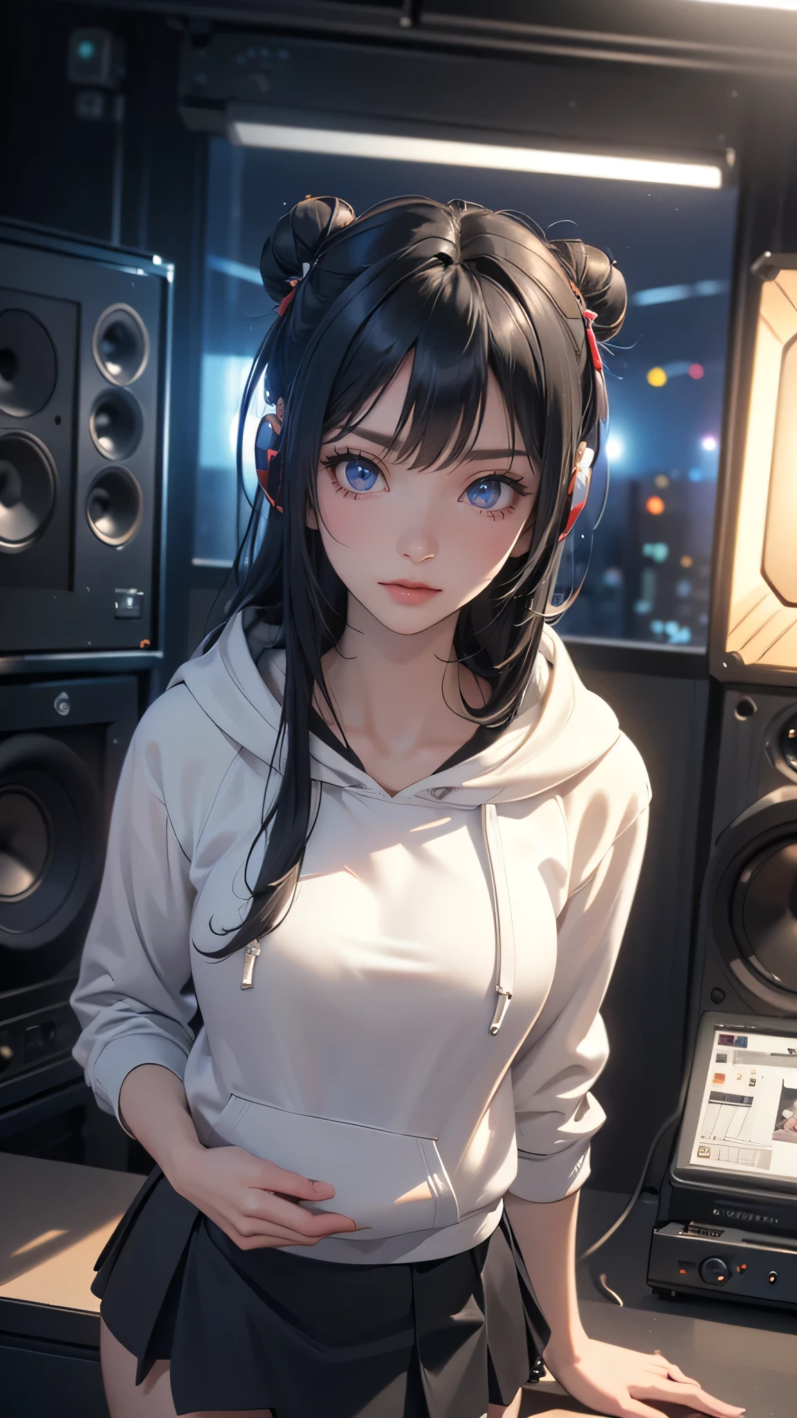 (random porn pose),(Highest image quality,(8k),ultra-realistic,best quality, ((Long black hair, Twin bun, Headphone)), high quality, high definition, high quality texture,high detail,beautiful detailed,fine detailed,extremely detailed cg,detailed texture,a realistic representation of the face,masterpiece,Sense of presence), ((Hoodie, skirt, Studio Radio)),