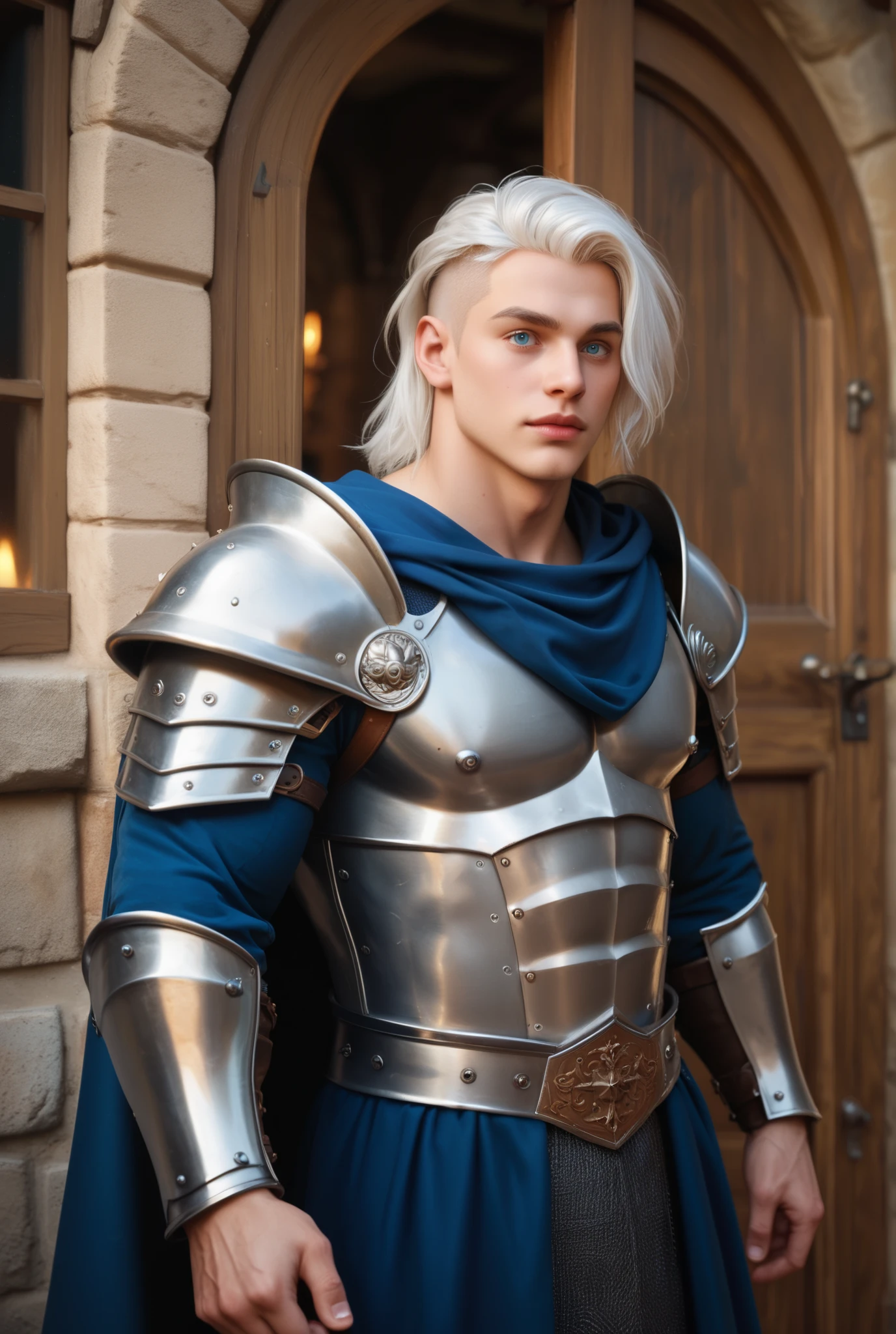 young man with big muscles , Wide, brightly eyed , Shaved white hair , In the center of the eerie dilapidated palace, in medieval armor , with wolf shoulder pads , The black and blue cape , is mad at the entrance door of the tavern, actual , Full HD, best quality