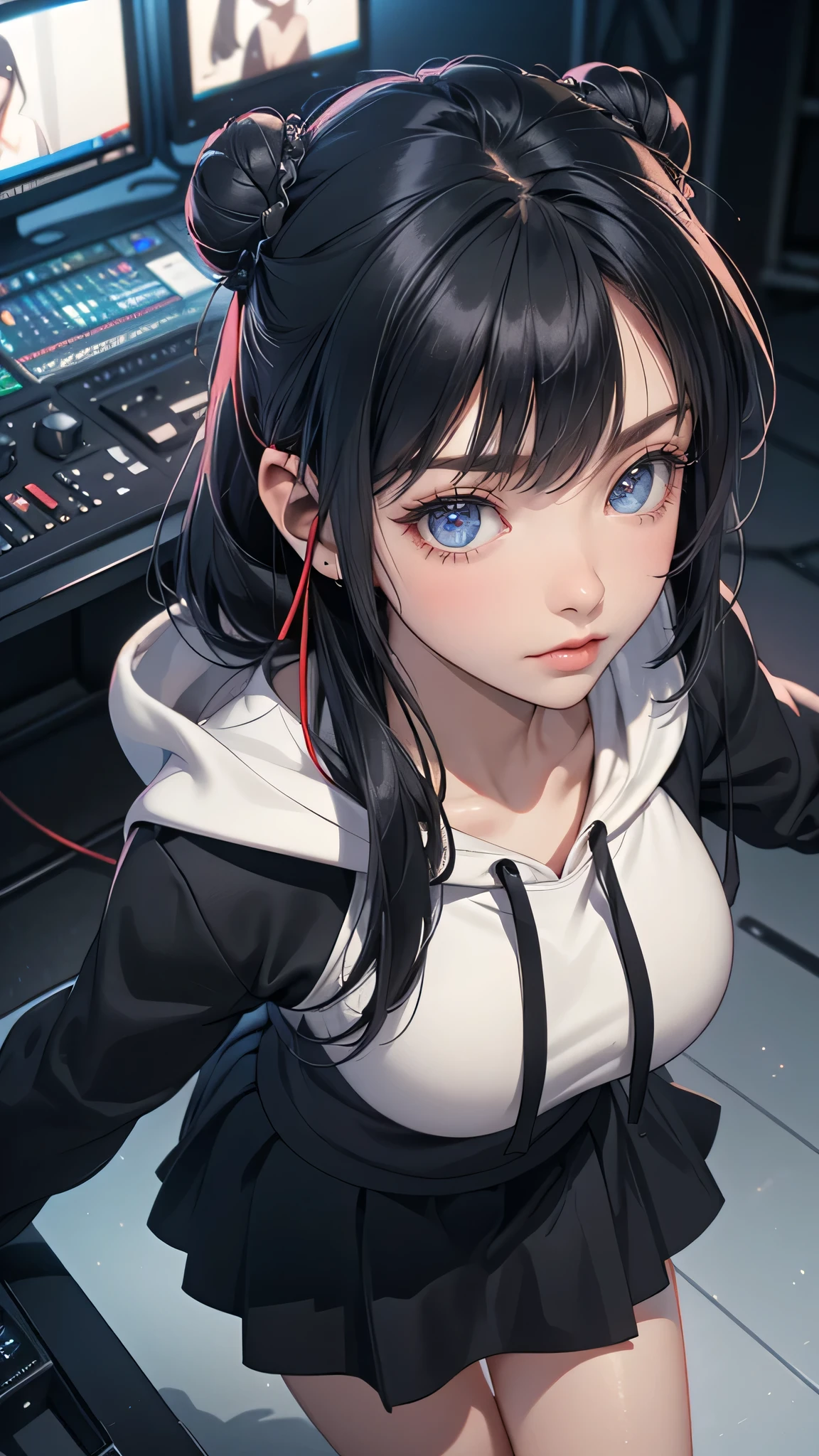 (random porn pose),(Highest image quality,(8k),ultra-realistic,best quality, ((Long black hair, Twin bun, Headphone)), high quality, high definition, high quality texture,high detail,beautiful detailed,fine detailed,extremely detailed cg,detailed texture,a realistic representation of the face,masterpiece,Sense of presence), ((Hoodie, skirt, Studio Radio)),