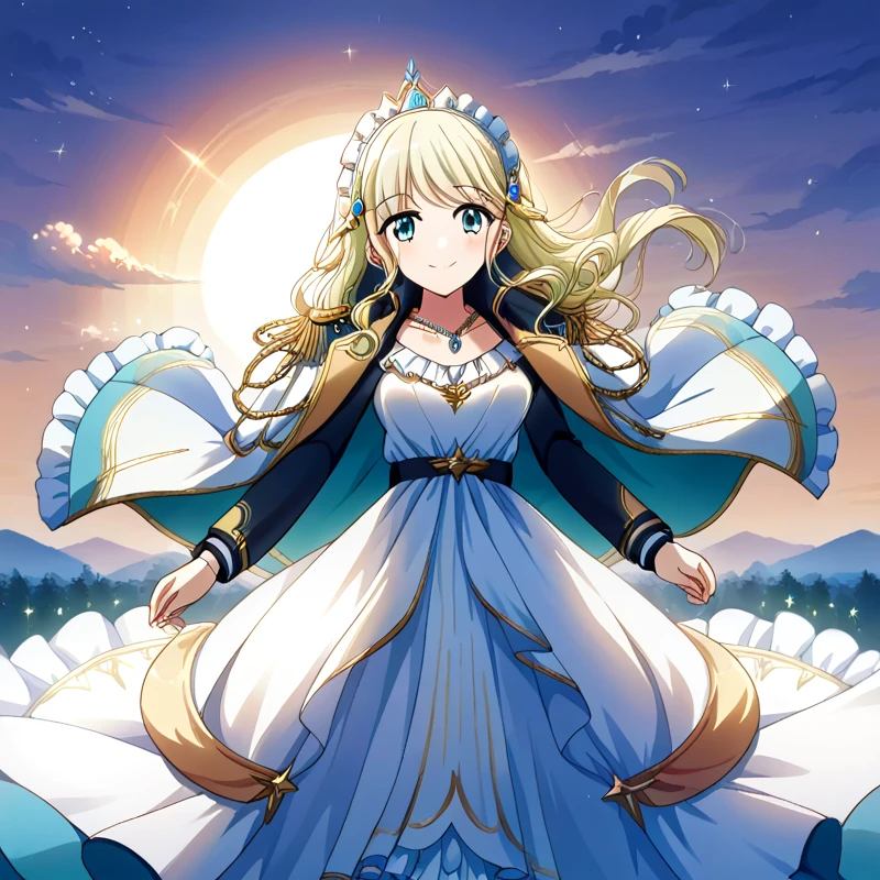 score_9, score_8_consolation, score_7_consolation, score_6_consolation, 1 woman, Shiori ,  blond hair , Long hair , shoulder jacket, Epolite , headdress,  cool wind ,  princess dress , long dress, seafront, sunset,  light smile  , necklace
