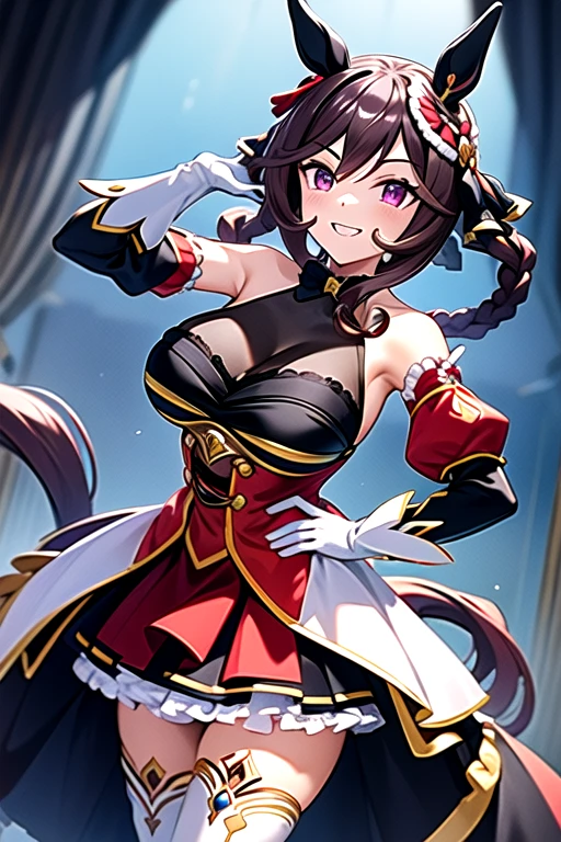 gentildonna,umamusume,1girl, animal ears, solo, purple eyes, horse tail,large breasts,,light smile,best quality,bare shoulders, white gloves, black belt on the chest, red dress, frills, ribbon, black skirt, thighhighs, white legwear, large breasts, hand on own hip, smug,