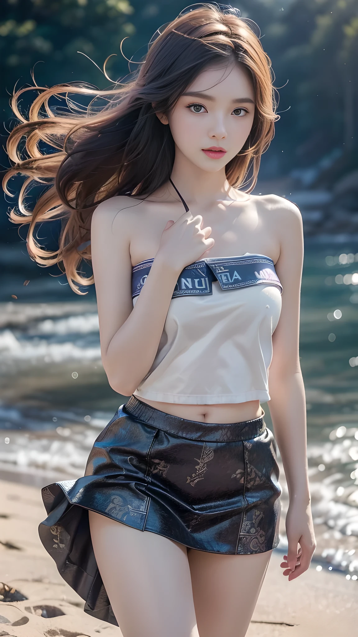 (masterpiece, best quality), pale skin, (baby face), Island beach background, (Purely off-the-shoulder, Short transparent top, high waist skirt, tight mini skirt:1.3), (Skinny Thighs:1.9, Yao Liu, weight loss, long legs, thin legs:1.9), blonde hair,long hair披肩,long hair, (huge , lift your hips, straight legs), Show belly button, (Wide thigh clearance:1.6, wide gap between thighs:1.6), whole body forward, splits legs, Bulging abs, Bumpy buttocks, (Facing Teenage Barbara Palvin)